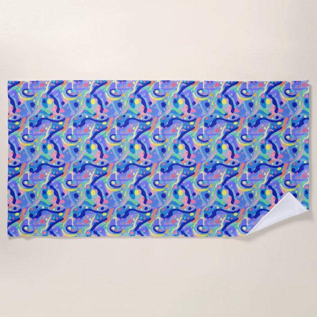 Cute Abstract Blue Pastel Neon Repeating Pattern Beach Towel (Front)