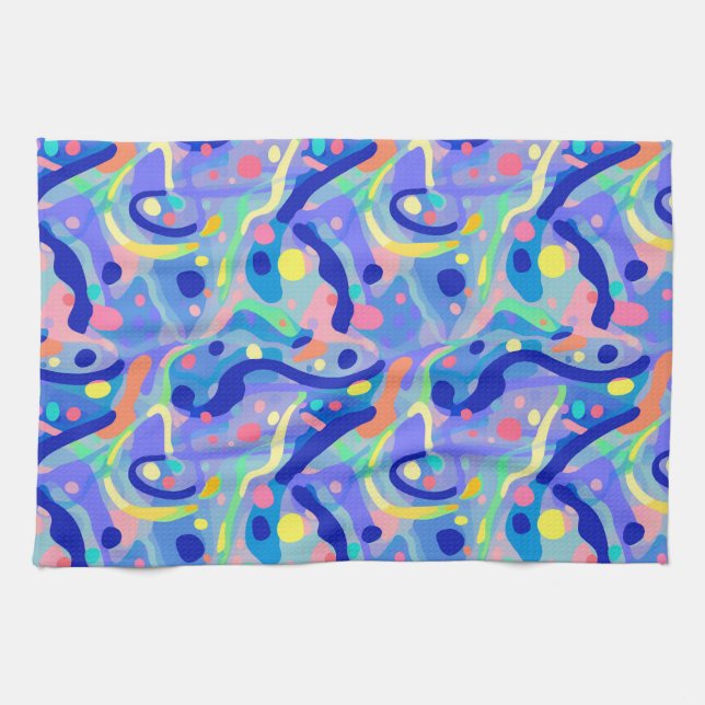 Cute Abstract Blue Pastel Neon Repeating Pattern Tea Towel (Horizontal)