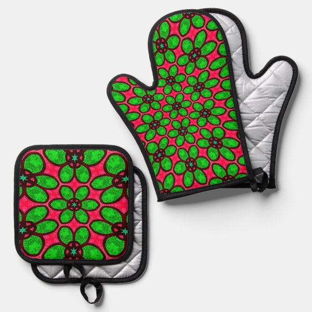 Cute Abstract Flowers Pattern Oven Mitt & Pot Holder Set (Front/Back)