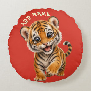 Cute Active Baby Animal Collection Tiger Red Round Cushion