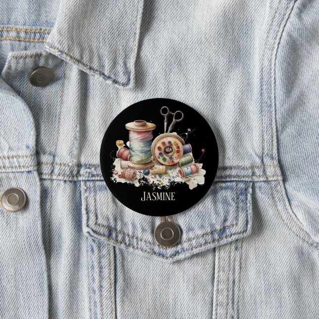 Cute add name sewing lovers 7.5 cm round badge (In Situ)