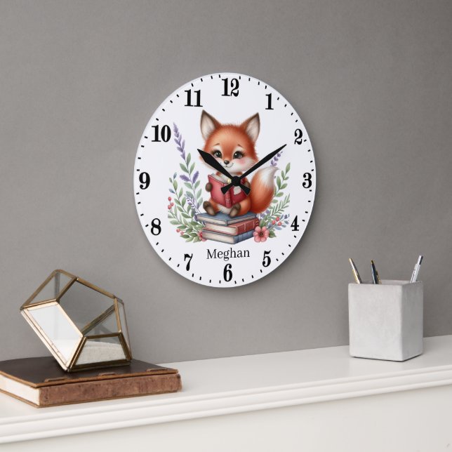 Cute add text fox reading lovers  large clock (Office)