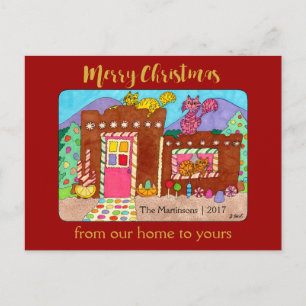 Cute Adobe Gingerbread House & Cats Christmas Holiday Postcard