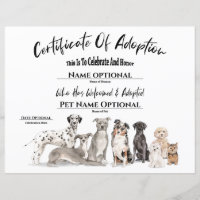 Cute Adoption Pet Puppy Dog Certificate 