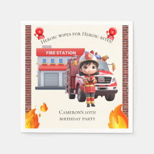 Cute Adorable 3D Firefighter Girl with Fire Truck Napkin
