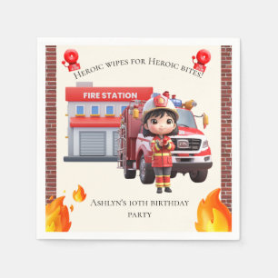 Cute Adorable 3D Firefighter Girl with Fire Truck Napkin