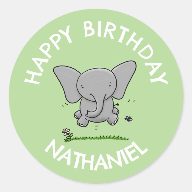 Cute adorable baby elephant personalised birthday classic round sticker (Front)