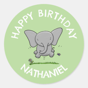 Cute adorable baby elephant personalised birthday classic round sticker