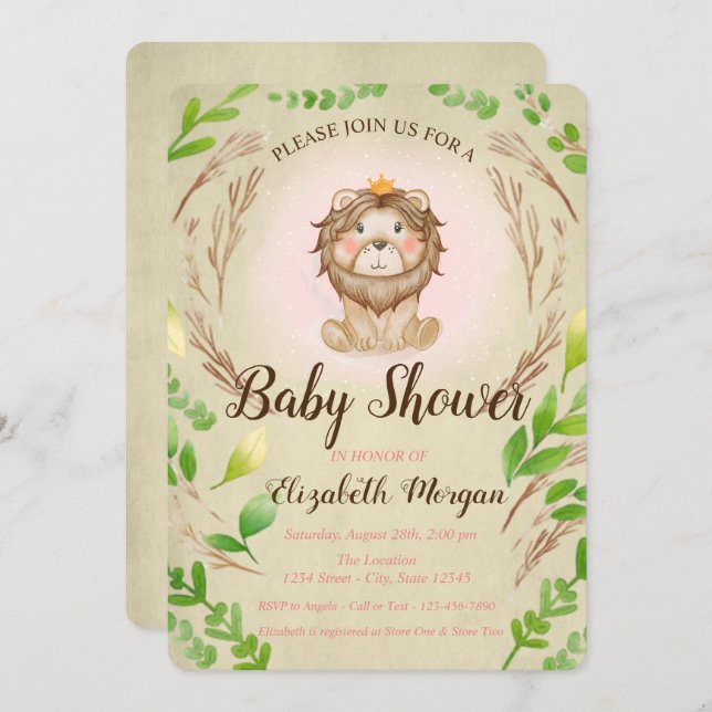 Cute Adorable Baby Lion Crown Leaves Invitation (Front/Back)