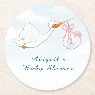Cute Adorable Birds Carrying Girls Baby Shower Round Paper Coaster