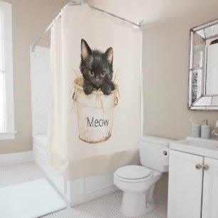 Cute Adorable Black Cat in Bucket Shower Curtain