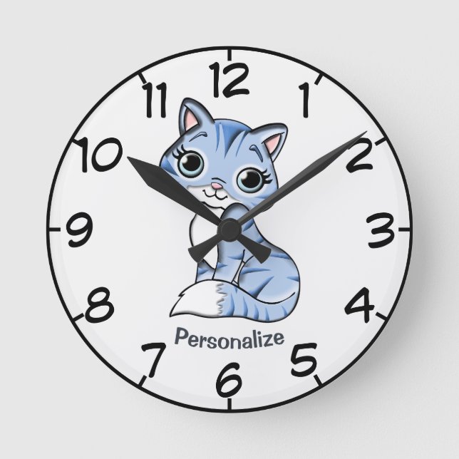 Cute & Adorable Blue Kitten Cartoon Personalise Round Clock (Front)