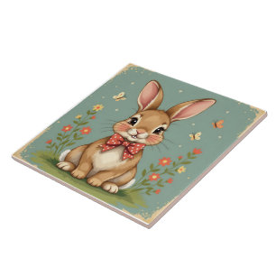 Cute adorable brown bunny with bow tie ceramic tile