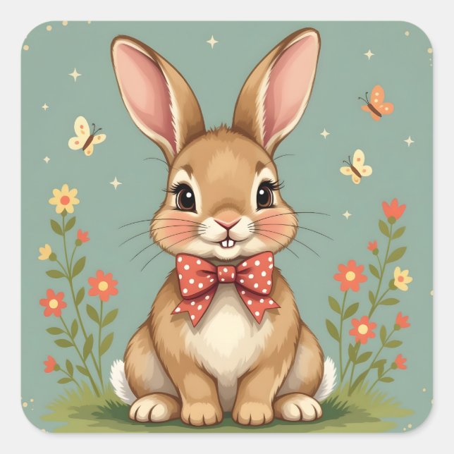 Cute adorable brown bunny with bow tie square sticker (Front)