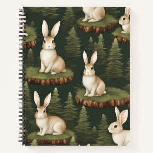 Cute Adorable Bunnies On Evergreen Background Notebook