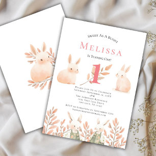 Cute Adorable Bunny Girls 1st Birthday Invitation