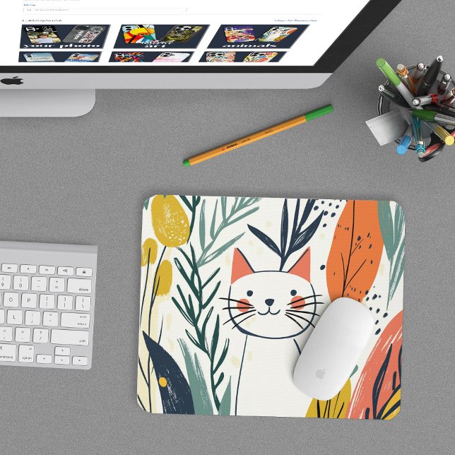 Cute Adorable Cat in a Garden Illustration Mouse Pad (Creator Uploaded)