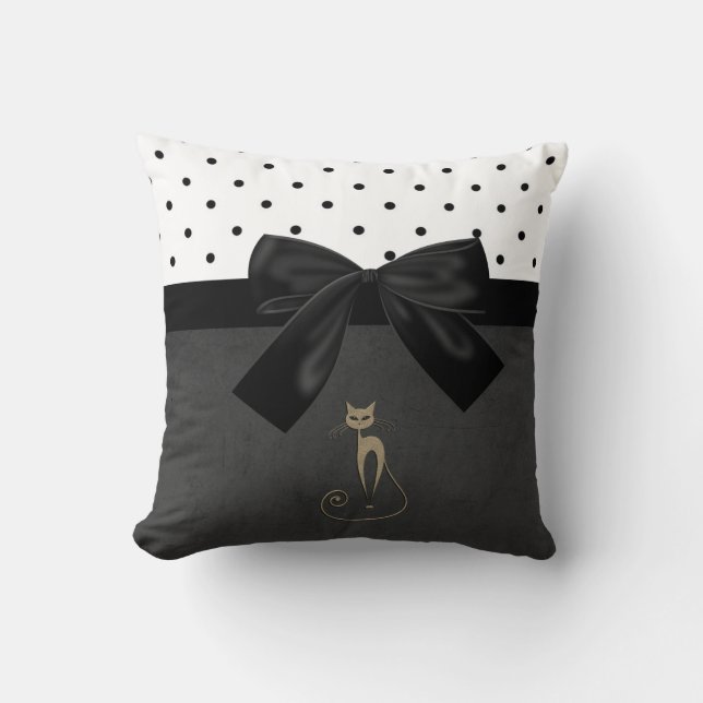 Cute Adorable Cat ,Polka Dots,Black Bow Cushion (Front)
