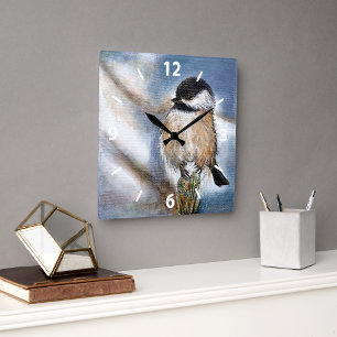 Cute Adorable Chickadee Winter Painting Square Wall Clock
