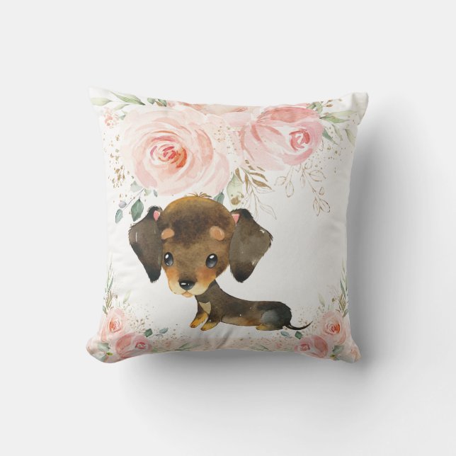 Cute Adorable Dachshund Dog Blush Pink Floral Girl Cushion (Front)