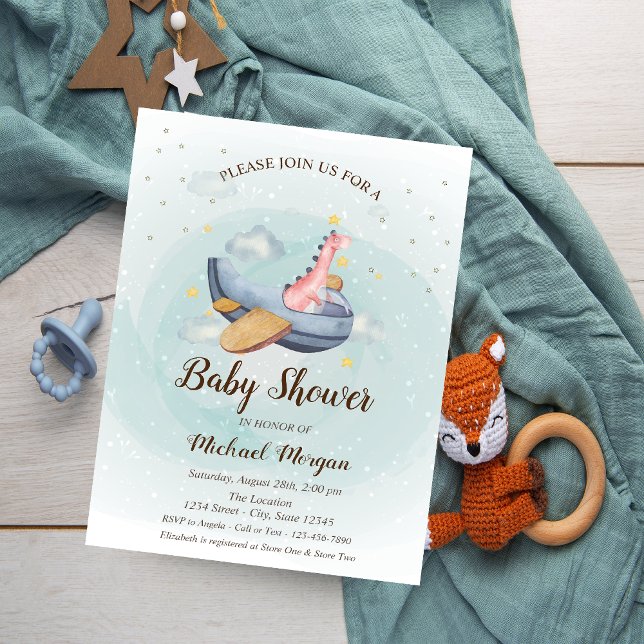 Cute Adorable Dino Aeroplane Stars Baby Shower Invitation (Creator Uploaded)