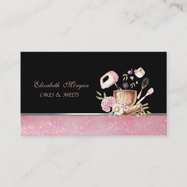 Cute Adorable  Elegant Bakery Tools Flowers Business Card (Front)