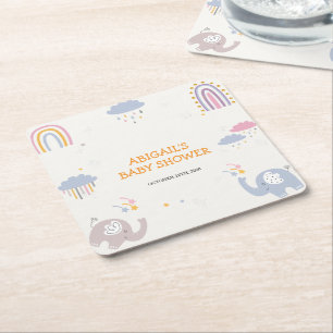 Cute Adorable Elephant Rainbow Girls Baby Shower Square Paper Coaster