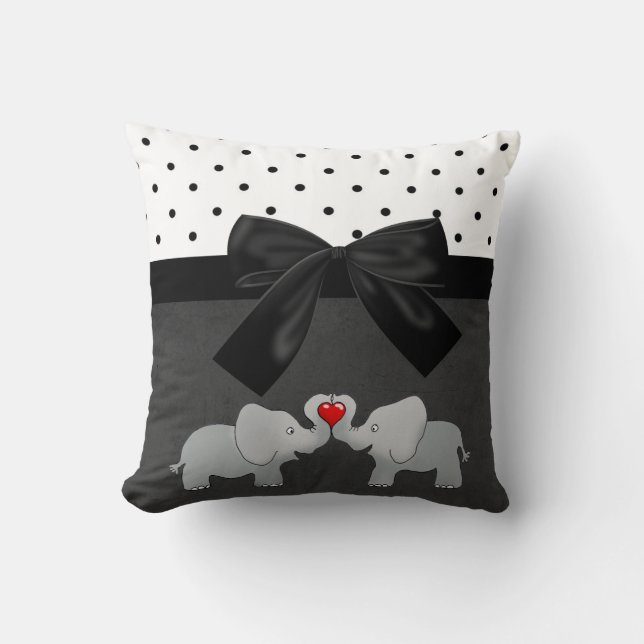 Cute Adorable Elephants,Polka Dots,Black Bow Cushion (Front)