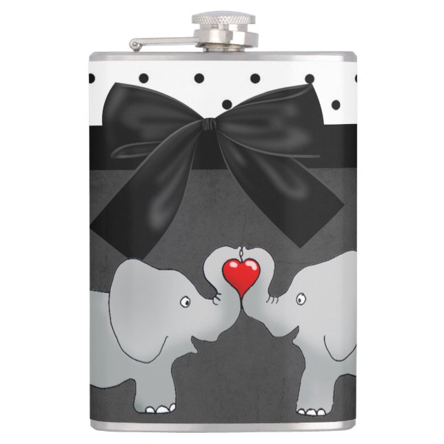 Cute Adorable Elephants,Polka Dots,Black Bow Hip Flask (Front)