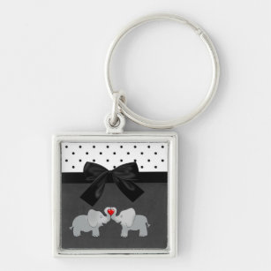 Cute Adorable Elephants,Polka Dots,Black Bow Key Ring