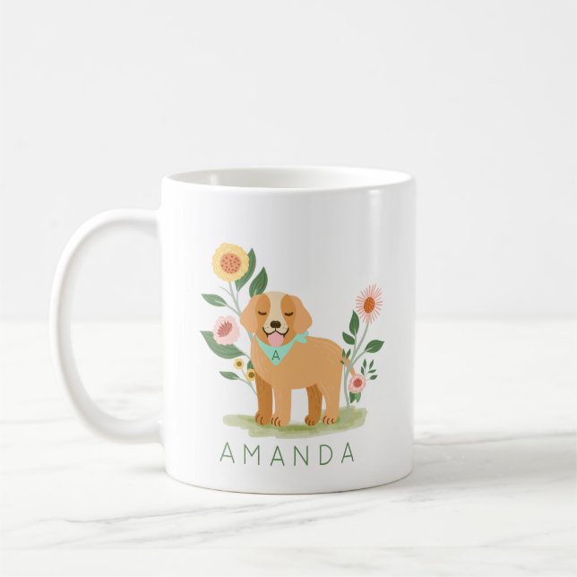 Cute Adorable Floral Golden Retriever Pet Coffee Mug (Left)