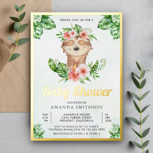 Cute Adorable Floral Sloth Girl Baby Shower Gold