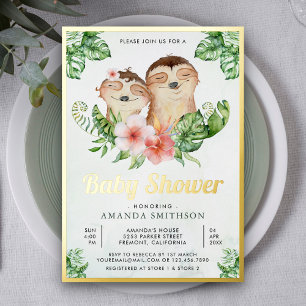 Cute Adorable Floral Sloth Twins Baby Shower Gold