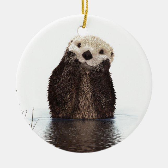 Cute Adorable Fluffy Otter Animal Ceramic Ornament (Front)