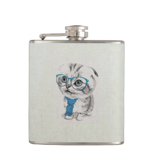 Cute adorable funny trendy kitten animal sketch hip flask