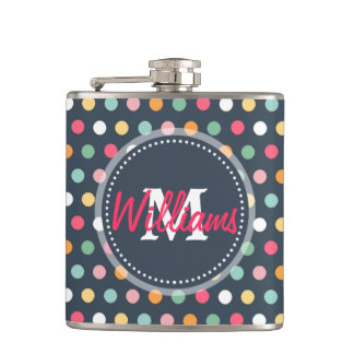 Cute adorable girly colourful  monogram polka dots hip flask
