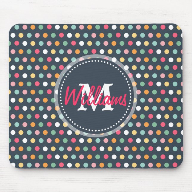 Cute adorable girly colourful  monogram polka dots mouse pad (Front)