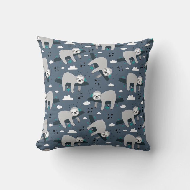 cute adorable gray sloth pattern blue background cushion (Front)