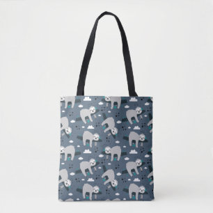 cute adorable gray sloth pattern blue background tote bag