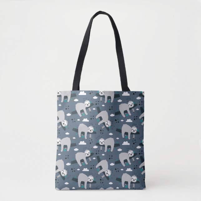 cute adorable gray sloth pattern blue background tote bag (Front)