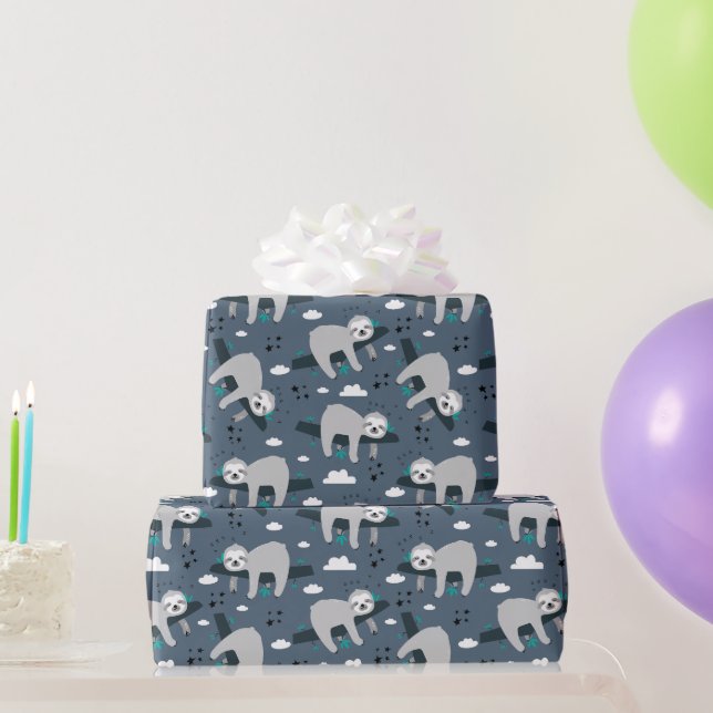 cute adorable gray sloth pattern blue background wrapping paper (Party Gifts)