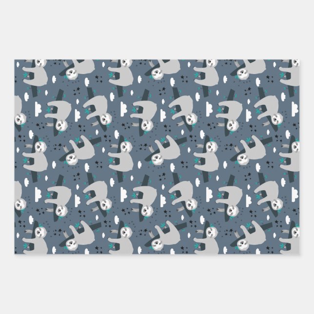 cute adorable gray sloth pattern blue background wrapping paper sheet (Front)