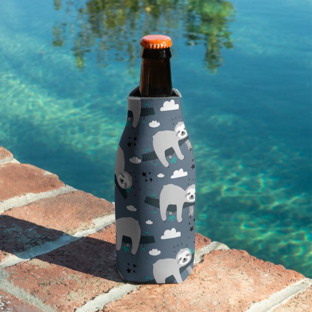 cute adorable grey sloth pattern blue background bottle cooler (In Situ Pool)