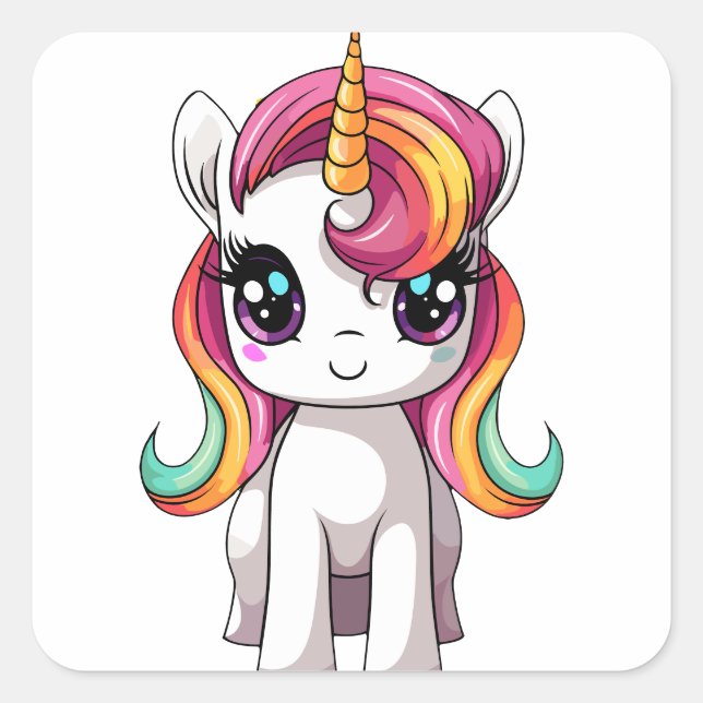 Cute Adorable Happy Kawaii Rainbow Unicorn Square Sticker (Front)