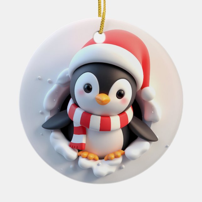 Cute Adorable Holiday Penguin Bursting Out Ceramic Ornament (Front)