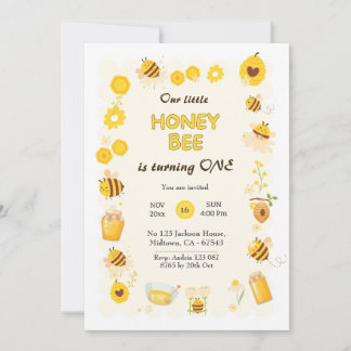Cute adorable Honey Bee themed 1st birthday Invitation