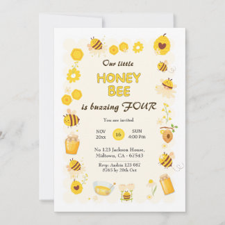 Cute adorable Honey Bee themed 4th birthday Invitation