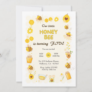 Cute adorable Honey Bee themed 5th birthday Invitation