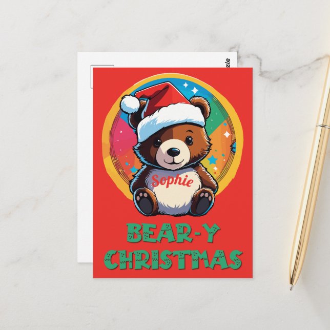 Cute Adorable Kawaii Chibi Bear-y Christmas Bear Postcard (Front/Back In Situ)