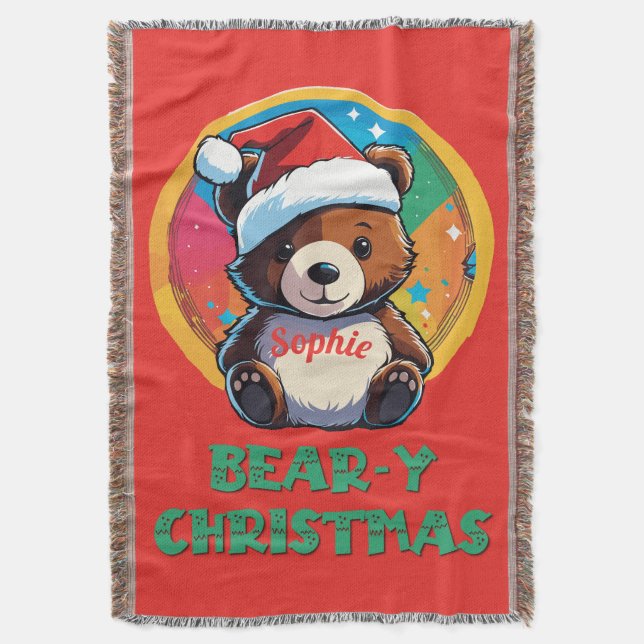 Cute Adorable Kawaii Chibi Bear-y Christmas Bear Throw Blanket (Front Vertical)